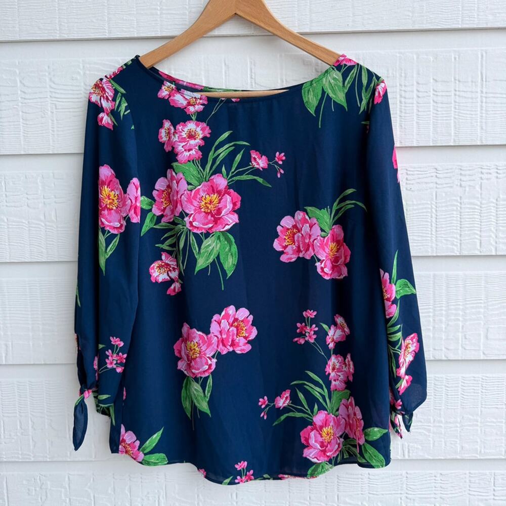 Talbots Navy Floral Bow Sleeve Blouse Medium